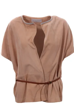 Giacca smanicata in suede con cintura