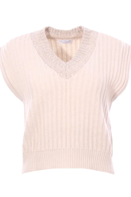 Gilet in cashmere a coste con dazzling neckline