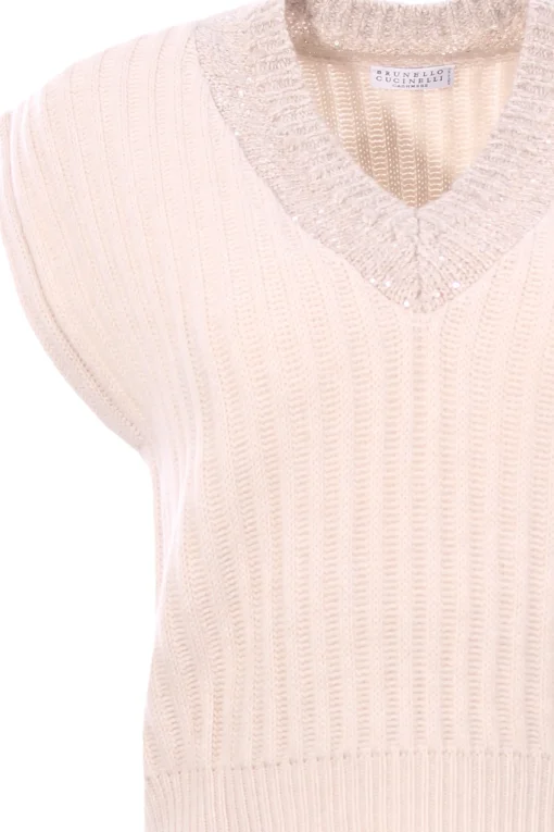 Gilet in cashmere a coste con dazzling neckline