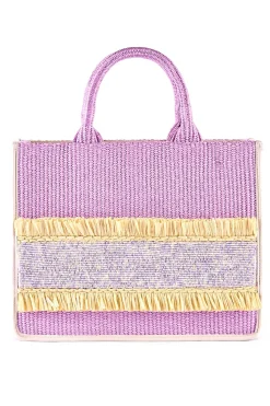 Shopping in rafia con ricamo di perline e frange