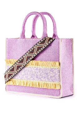 Shopping in rafia con ricamo di perline e frange